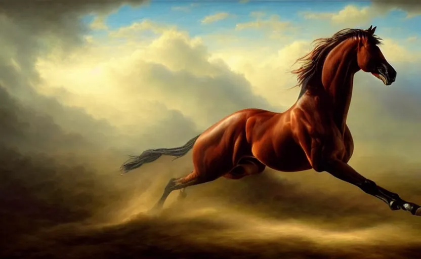 Prompt: a masterpiece oil painting of a proud horse galloping. wide angle, fantasy art, alex ross, heroic lighting, very very very beautiful raytraced rendering, volumetric fog
