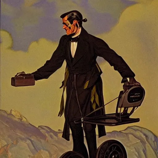 Image similar to frankenstein on a segway chasing crows, painting by by jc leyendecker