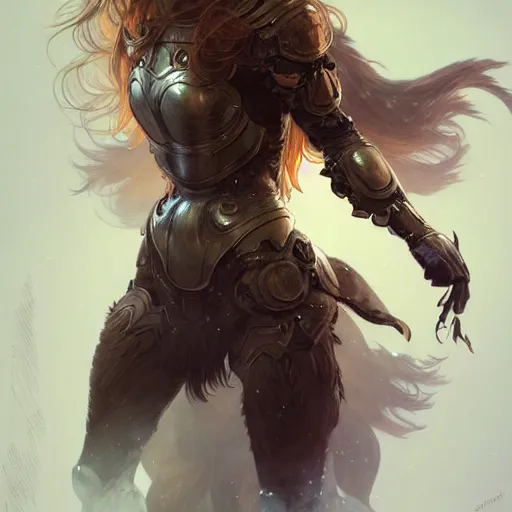 Image similar to photo of a humanoid female wolf were a heroic dress an armour in the forest, long hair, highly detailed, digital painting, artstation, smooth, sharp focus, illustration, art by artgerm and greg rutkowski and alphonse mucha