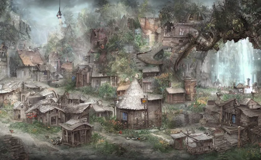 Prompt: Twinepunk, twinepunk village, concept art, detailed matte painting