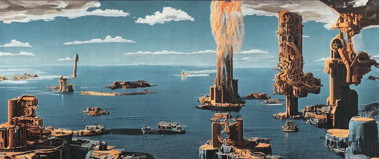 Prompt: the dripping paint monster washing their laundry in the bay by chesley bonestell , cinematic atmosphere, establishing shot