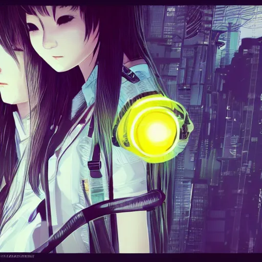 Image similar to Frequency indie album cover, luxury advertisement, yellow filter. Clean and detailed post-cyberpunk sci-fi close-up schoolgirl in asian city in style of cytus and deemo, blue flame, relaxing, calm and mysterious vibes, by Tsutomu Nihei, by Yoshitoshi ABe, by Ilya Kuvshinov, by Greg Tocchini, nier:automata, set in half-life 2, Matrix, GITS, Blade Runner, Neotokyo Source, Syndicate(2012), dynamic composition, beautiful with eerie vibes, very inspirational, very stylish, with gradients, surrealistic, dystopia, postapocalyptic vibes, depth of field, mist, rich cinematic atmosphere, perfect digital art, mystical journey in strange world, beautiful dramatic dark moody tones and studio lighting, shadows, bastion game, arthouse