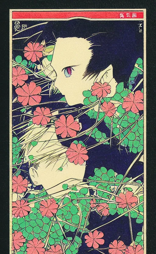 Prompt: by akio watanabe, manga art, just a clover trasported by the wind, trading card front