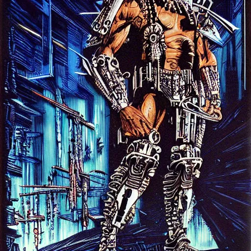 Image similar to danny trejo as a cyberpunk executioner, hyperdetailed, art by philippe druillet