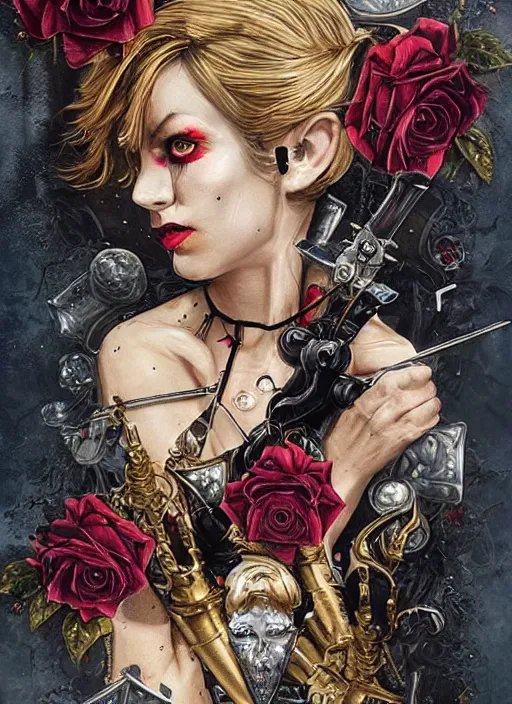 Prompt: tarot card :: horror :: hearts and roses :: gold and silver :: guns and swords :: by Sandra Chevrier and bastien lecouffe deharme