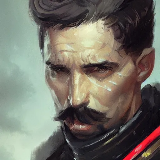 Prompt: portrait of a man by greg rutkowski, british features, short black hair in military style, moustache, tall, star wars expanded, universe, he is about 4 0 years old, wearing imperial captain uniform, artstation hq