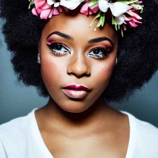 Prompt: Photo of a black woman, pretty make-up, flower crown, bold, self-confidence, cinematic focus