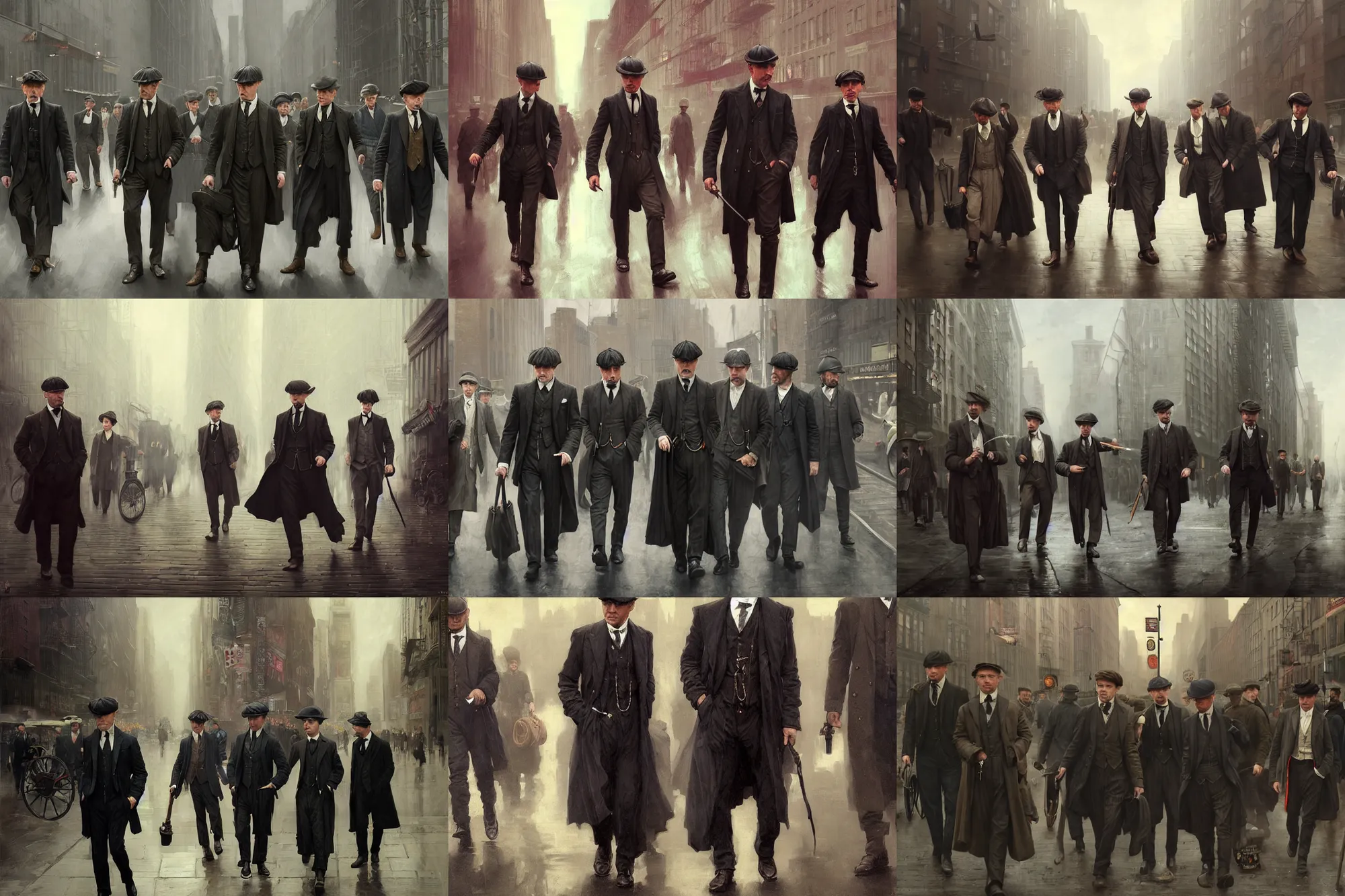 Prompt: depiction of The peaky blinders In New York City During the 21st century illustration by Ruan Jia and Mandy Jurgens and William-Adolphe Bouguereau, Artgerm, 4k, digital art, surreal, space dandy style, highly detailed, godsend, artstation, digital painting, concept art, smooth, sharp focus, illustration by Ruan Jia and Mandy Jurgens and William-Adolphe Bouguereau