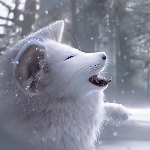 Prompt: hyper realistic snowfox in a fantasy movie casting a healing spell