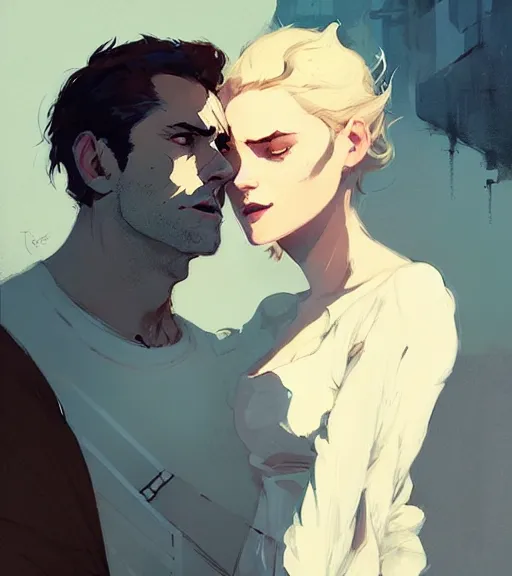 Image similar to portrait of cullen with a beautiful woman he loves by atey ghailan, by greg rutkowski, by greg tocchini, by james gilleard, by joe fenton, by kaethe butcher, dynamic lighting, gradient light blue, brown, blonde cream and white color scheme, grunge aesthetic