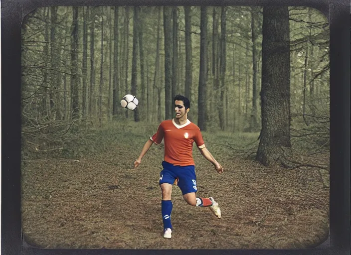 Image similar to medium shot, mikel arteta playing soccer in woods, polaroid photo, vintage, neutral colors, by gregory crewdson