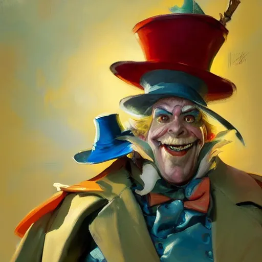 Image similar to greg manchess portrait painting of partially armored mad hatter from alice in wonderland as overwatch character, wacky, medium shot, asymmetrical, profile picture, organic painting, sunny day, matte painting, bold shapes, hard edges, street art, trending on artstation, by huang guangjian and gil elvgren and jesper ejsing