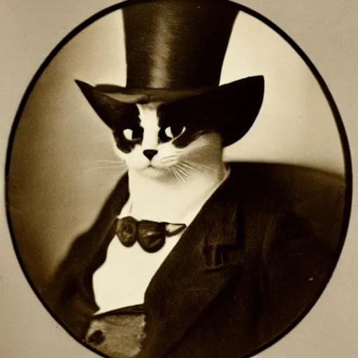 Image similar to a yellow cat with a top hat and a monocle, vintage photo