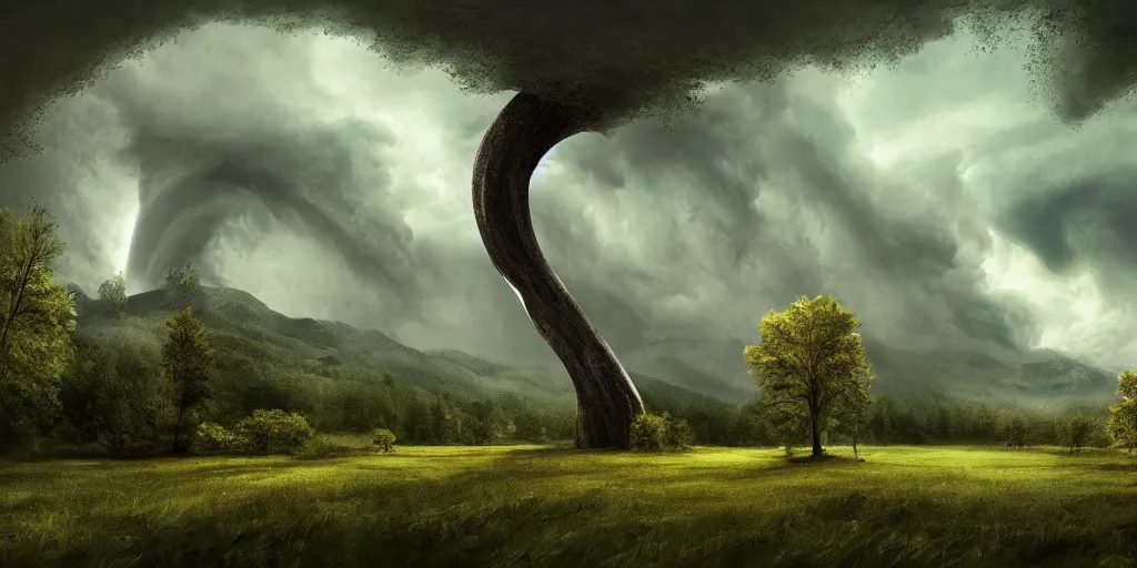 Image similar to A tornado in a beautiful scenic landscape, nature, trees, wide angle, super highly detailed, professional digital painting, artstation, concept art, smooth, sharp focus, no blur, no dof, extreme illustration, Unreal Engine 5, Photorealism, HD quality, 8k resolution, cinema 4d, 3D, beautiful, cinematic, art by artgerm and greg rutkowski and alphonse mucha and loish and WLOP