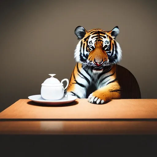 Prompt: a dramatic photograph of excited tiger enjoying tea , cinematic lighting