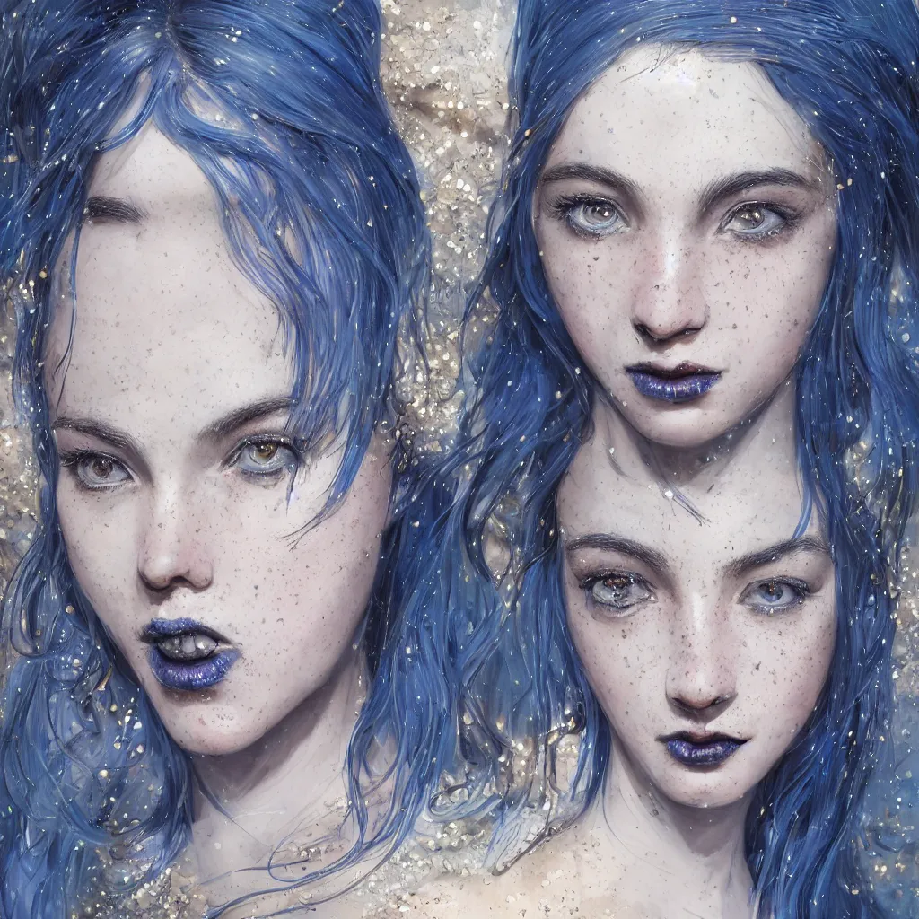 Image similar to a highly detailed portrait of an attractive girl with blue celestial hair and dark lipstick and freckles, wearing a sparkling dress, by kim jung gi, irakli nadar, ruan ji, carl larsson, symmetrical features, realistic human features, trending on artstation, highly detailed, cinematic lighting, character concept art, movie poster art, movie concept art