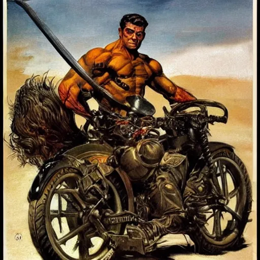 Image similar to into glory ride, artwork by Frank Frazetta, motorcycle, muscular warrior holding sword