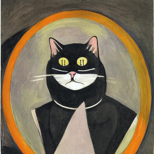 Prompt: a painting of a cat wearing a cat and writing a poem by hilma af klint