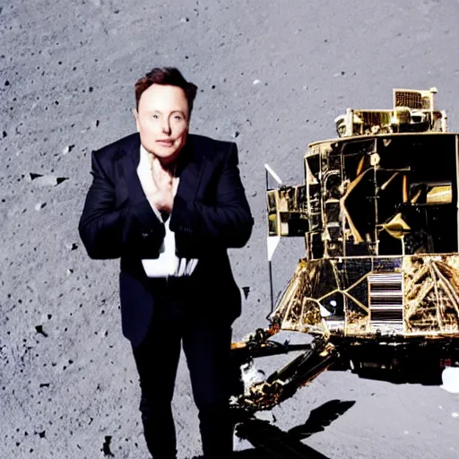 Image similar to elon musk in a suite sitting on the moon