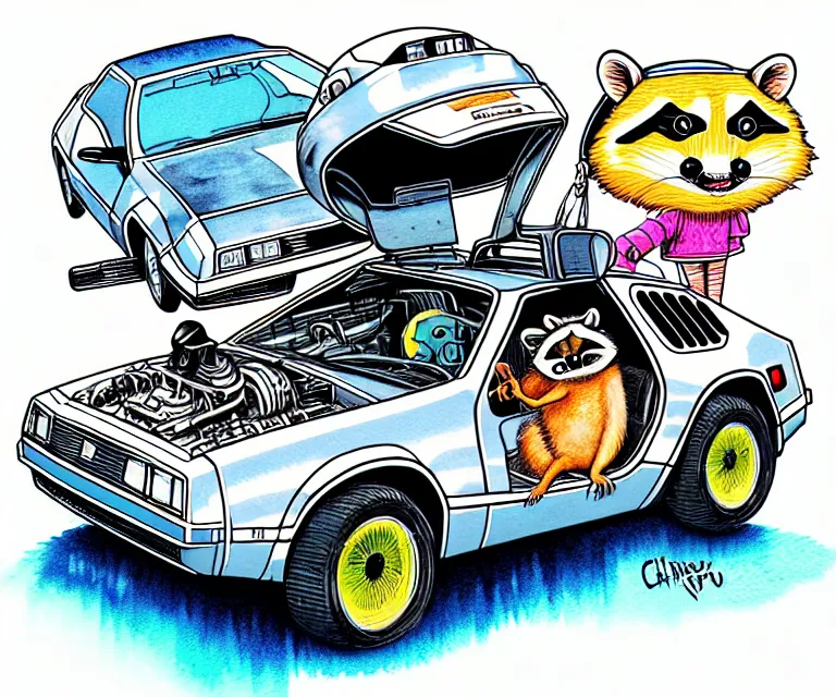 Image similar to cute and funny, ( ( ( ( ( ( racoon ) ) ) ) ) ) wearing a helmet riding in a tiny silver color hot rod dmc delorean with oversized engine, ratfink style by ed roth, centered award winning watercolor pen illustration, colorful isometric illustration by chihiro iwasaki, edited by range murata