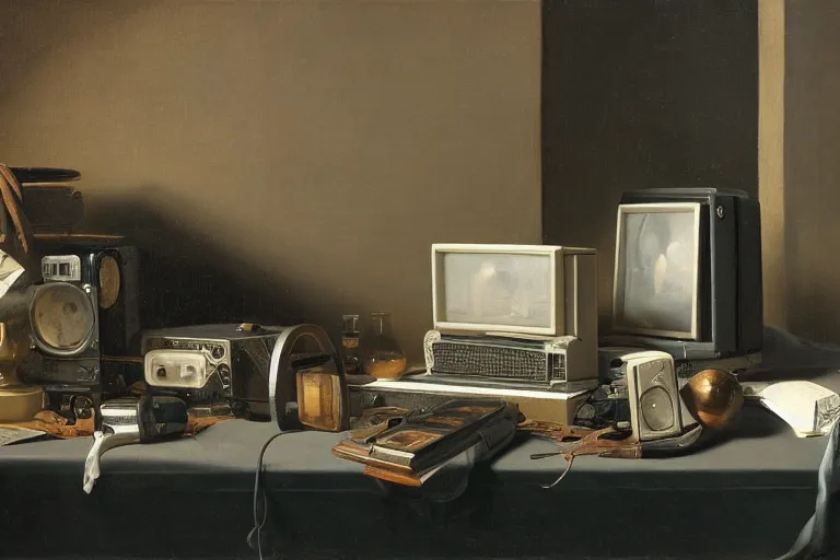 Prompt: still life painting of vintage computers by Pieter Claesz, oil on canvas, strong lighting, highly detailed, hyper realism, HD, 4K