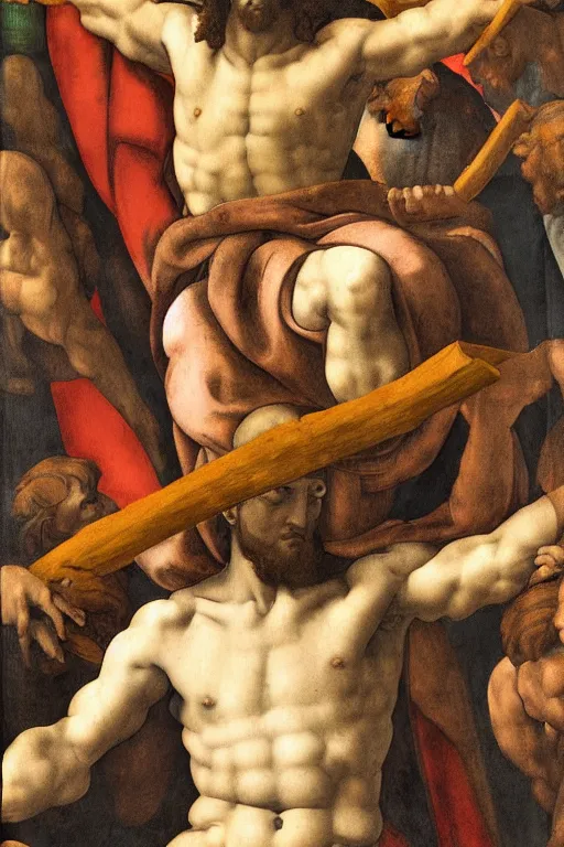 Prompt: michelangelo painting of cross between jesus christ, plutus and mammon, blindfolded, holding a cornucopia, sitting atop a throne of hundreds of intertwined bodies, dark, deity, hd image