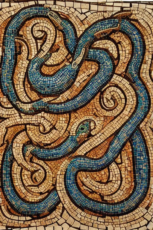 Prompt: a ceramic mosaic of a serpent, detailed faces, intricate detail, ancient babylonian art, occult art, alchemical diagram