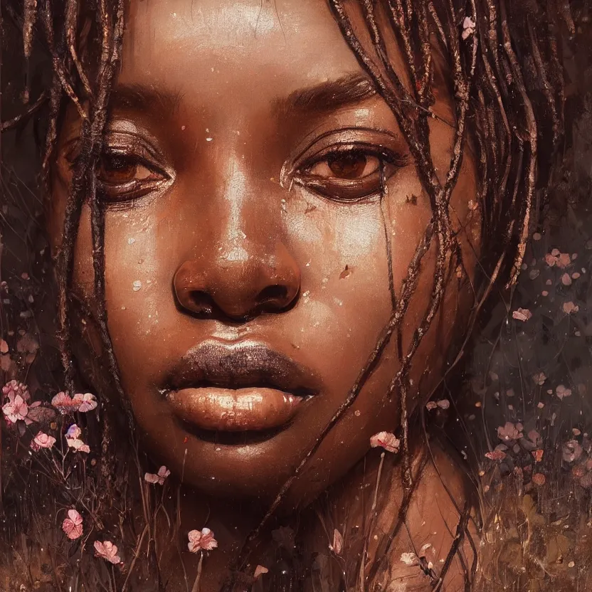 Image similar to detailed portrait of a african woman with beautiful eyes and thick lip forest girl, flowers and trees, by ismail inceoglu dragan bibin hans thoma greg rutkowski alexandros pyromallis nekro rene maritte illustrated, perfect face, fine details, realistic shaded, fine - face, pretty face