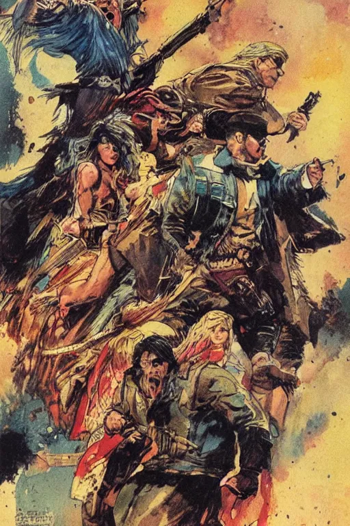 Prompt: comic cover for a book about 4 hit men arriving in the same secluded town. art by bill sienkiewicz and gaston bussiere.