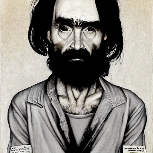 Image similar to “unflattering portrait of Charles Manson, by Norman Rockwell”