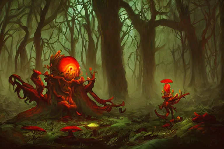 Image similar to mushroom lord in a dark forest, trending on artstation, digital art