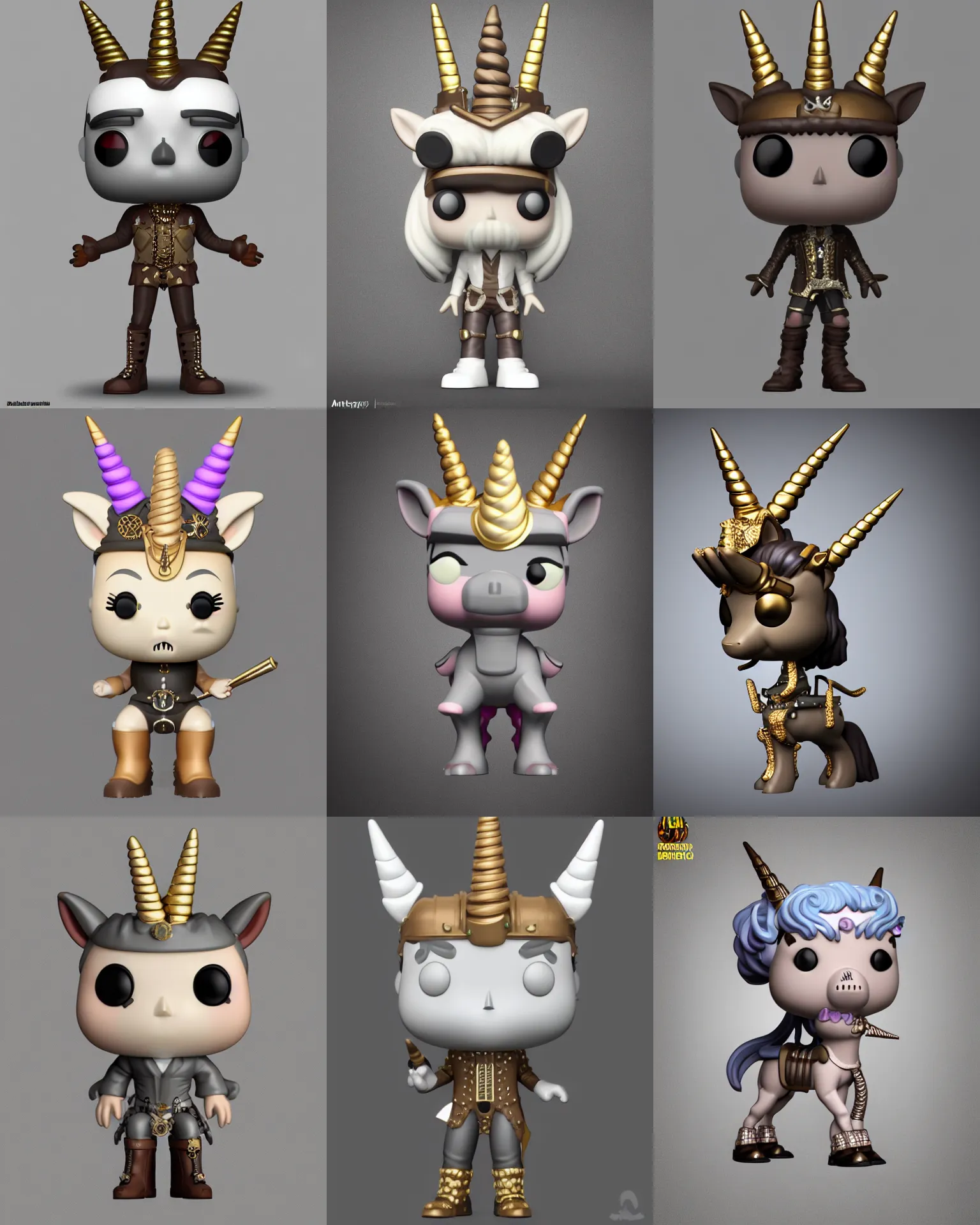 Prompt: full body 3 d render of steampunk one horn unicorn as a funko pop!, studio lighting, grey background, single body, no shadow, blender, trending on artstation, 8 k, highly detailed