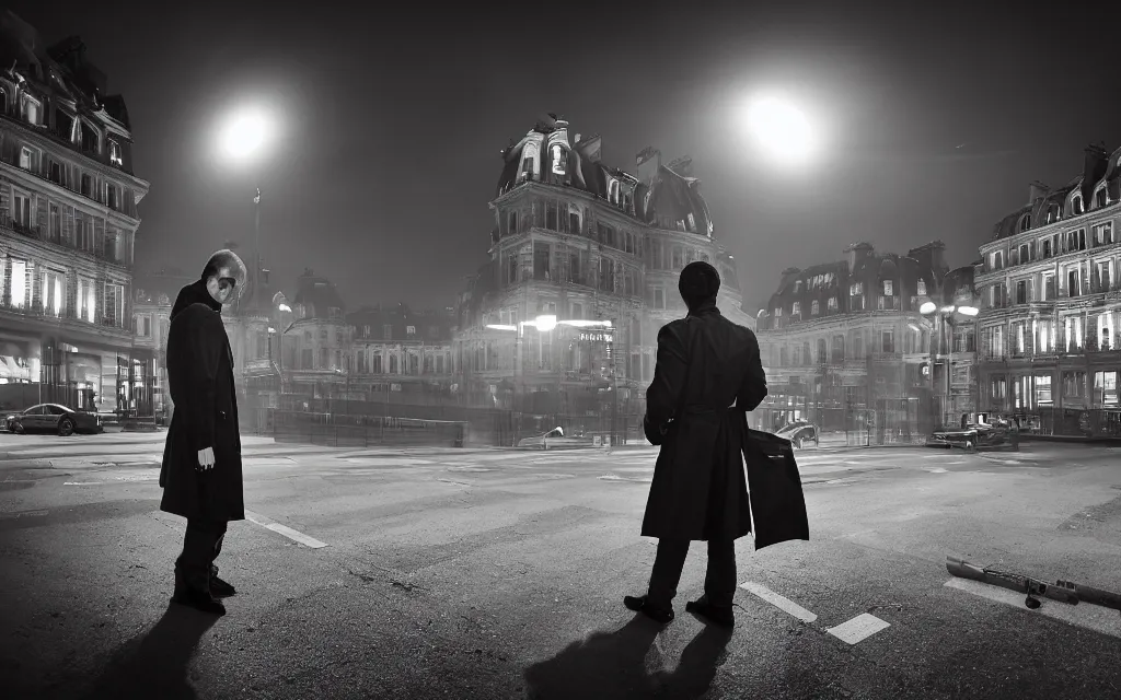 Prompt: One man in a trenchcoat shooting at a shadow monster with a pistol in a parisian street at night. Two cars are drifting around the monster with their lights on. Paris' Gare du Nord train station is visible in the background. 4k, dynamic, pulp, studio lighting, cinematic composition, HDR, colorfull, very low angle shot, (fish eye).