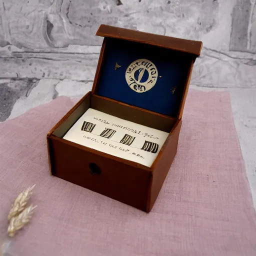 Image similar to vintage gift box for men, stamped with sealing wax, old school, wes anderson style