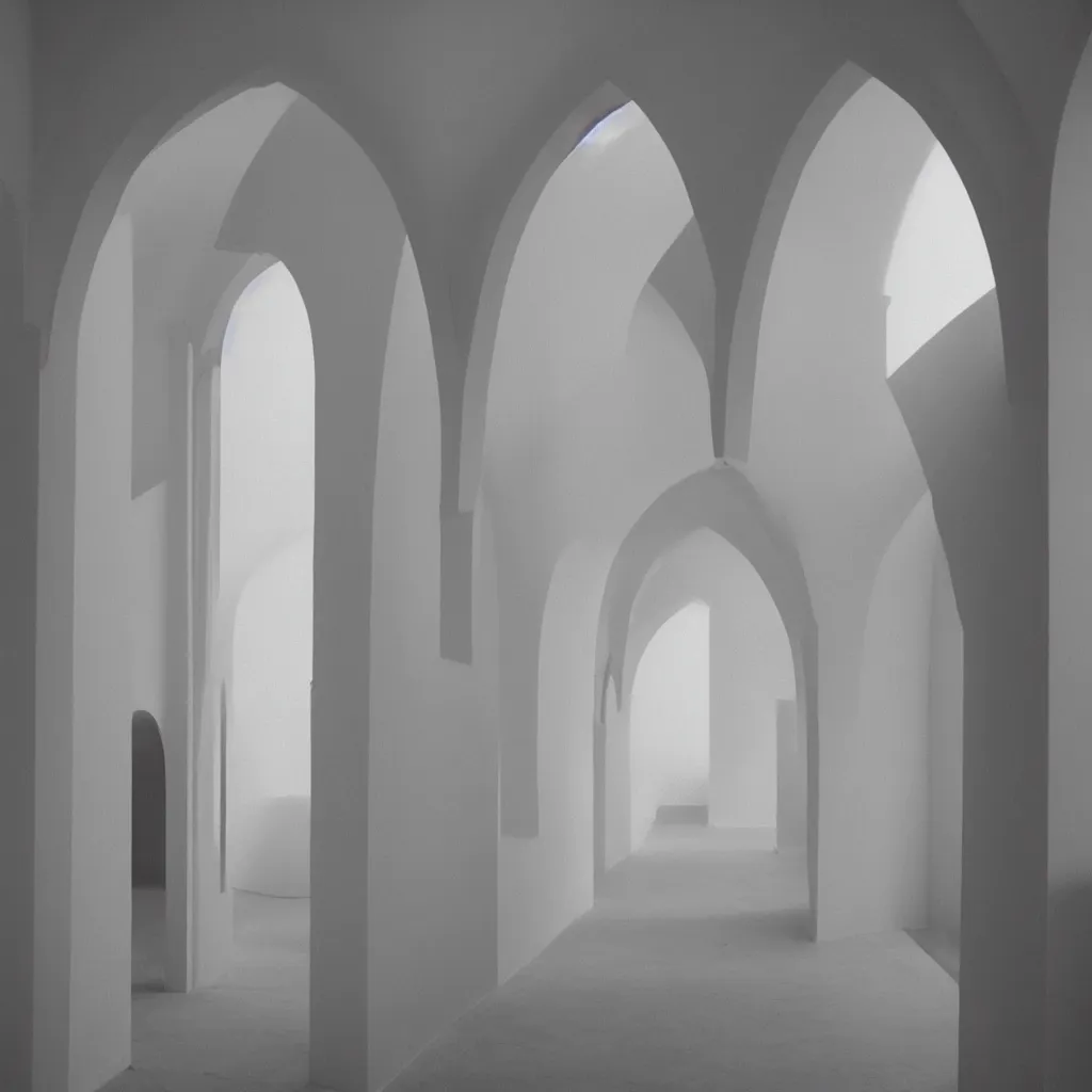 Image similar to photograph of a hallway with multiple arches, pastel hues, minimalist, 50mm, pentax, film