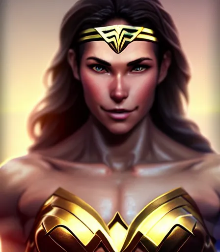 Image similar to beautiful portrait of a gorgeous personal trainer who looks like Wonder Woman , character design by charlie bowater, ross tran, artgerm, and makoto shinkai, detailed, soft lighting, rendered in octane