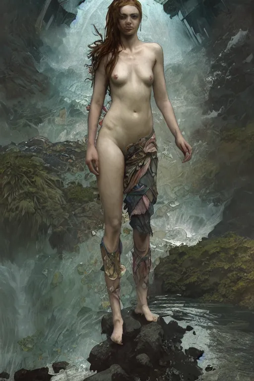 Image similar to a full body portrait of a beautiful post apocalyptic offworld neoicelandic biofarmer swimming by the waterfalls, intricate, elegant, highly detailed, digital painting, artstation, concept art, smooth, sharp focus, illustration, art by krenz cushart and artem demura and alphonse mucha