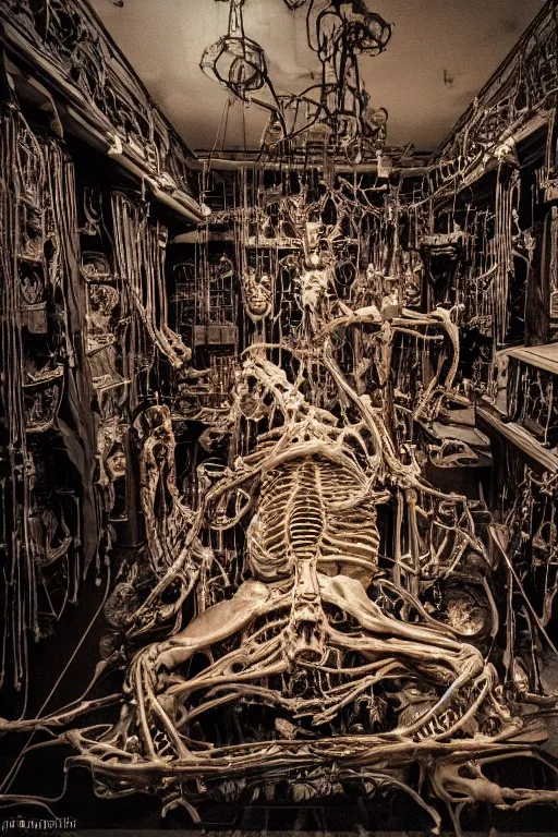 Image similar to inside a museum, a room where anatomical flesh body parts are piece of arts by Rob Bottin at night biomechanical, filth and grim, wires and strings, very detailed, ultra realistic photography, grainy image