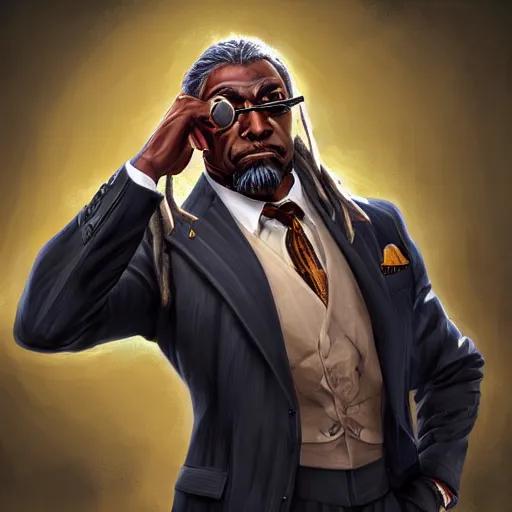 Image similar to a portrait of a muscular older black man with dreads and a suit with a monocle on, D&D, sci-fi, elegant, hopeful, muscular, highly detailed, digital painting, artstation, concept art, smooth, sharp focus, illustration