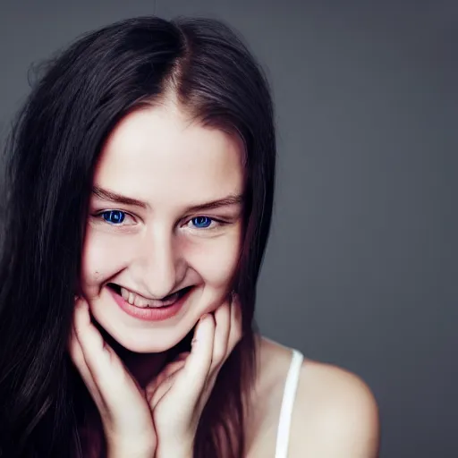 Image similar to woman from scandinavia, 2 0 years old, smiling and looking directly at the camera, dslr, portrait photo, white background, leibowitz