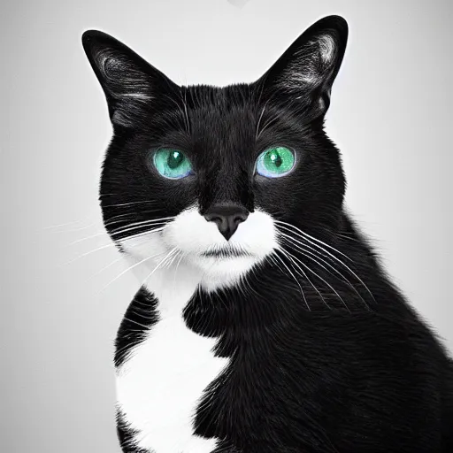 Image similar to a black and white cat highschool yearbook photo colorful bright green eyes, medium shot, hd, 8k, hyper-realism, detailed, octane 8k,