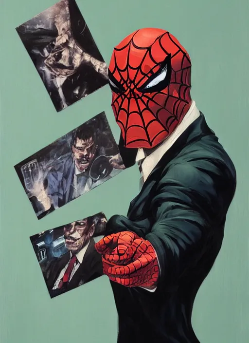 Image similar to j jonah jameson holding pictures of spider - man, angry, screaming, pictures flying, painting by phil hale, fransico goya,'action lines '!!!, graphic style, visible brushstrokes, motion blur, blurry, visible paint texture, crisp hd image