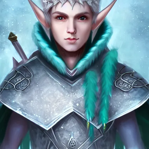 Image similar to handsome male snow elf archer portrait, turquoise cape and silver ornate armour as an archer, magical tundra background, albino skin, perfect face, very coherent symmetrical artwork, trending on artstation, award - winning