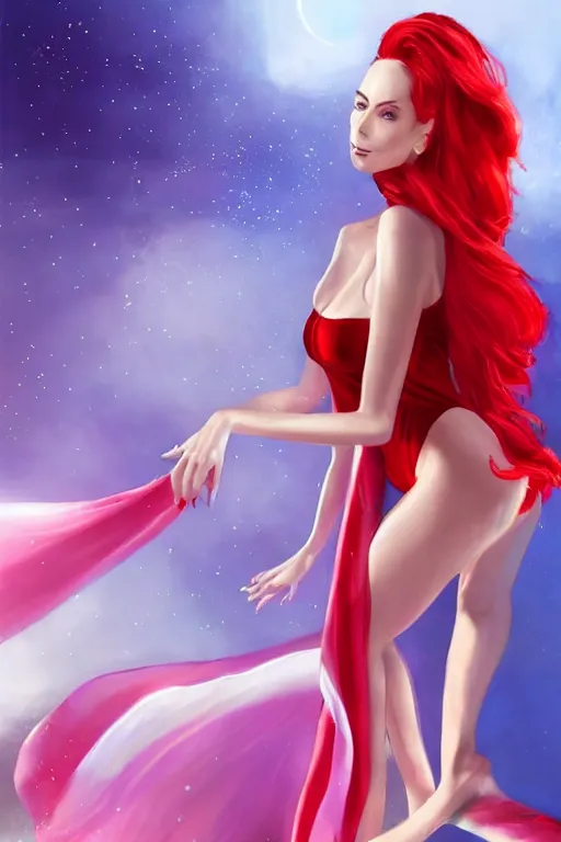 Image similar to beautiful elegant full body portrait of felicia day with fiery red hair wearing a sparkling cherry color one piece swimsuit and iridescent white silk cape, wlop, artgerm, artstation, backlit, marble background