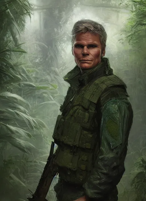 Image similar to portrait of a young richard dean anderson wearing a green combat uniform, in a post apocalyptic city overgrown by plants, by greg rutkowski, cover illustration, concept art, volumetric lighting, volumetric atmosphere, sharp focus, octane render, trending on artstation, 8 k