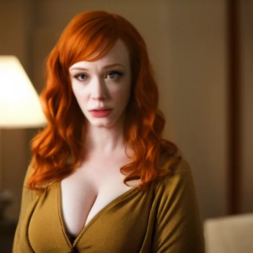 Image similar to a very surprised looking beautiful Christina Hendricks r in the living room, film still from the movie directed by Denis Villeneuve , wide lens