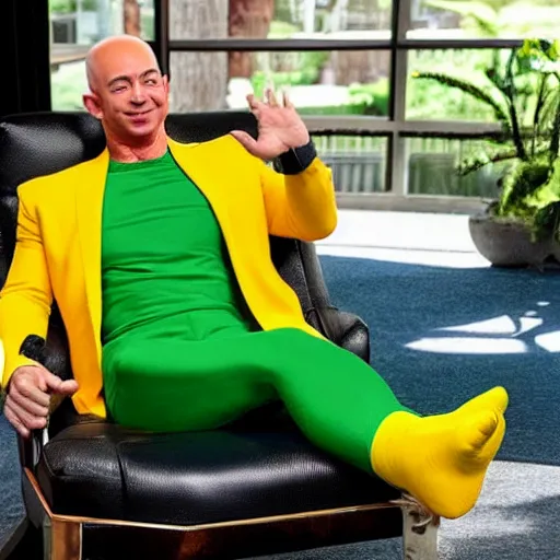 Prompt: portrait photo of swole jeff bezos cosplaying as lou ferrigno's incredible hulk while wearing yellow oven mitts and reclining in a lounge chair