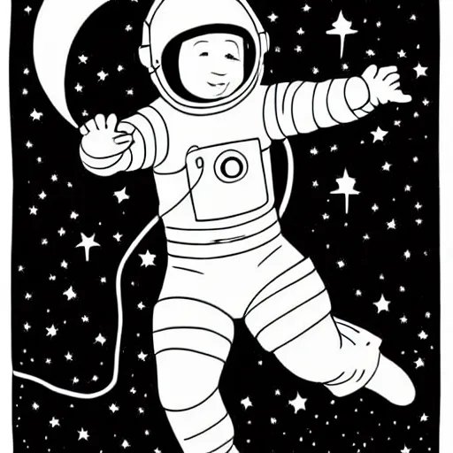Prompt: clean simple line art of a little girl with short wavy curly hair floating in space. she is an astronaut, wearing a space suit. white background. well composed, clean black and white line drawing, beautiful detailed face. illustration by charlie adlard and steve ditko