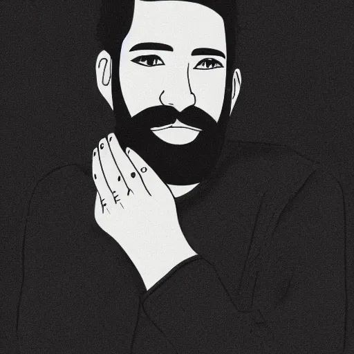 Image similar to a drawing of a man with black hair and beard, wearing a black jacket, white shirt and blue jeans, holding his hands up to his face, illustration, realistic, 8 k, atmospheric, moody, in the style of diego koi