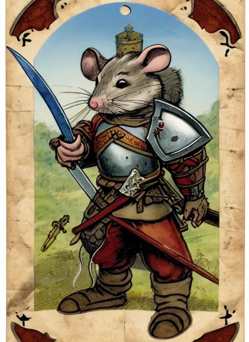 Image similar to a porcelain heroic mouse knight with sword and shield on a parchment background, redwall, greg rutowski and jean baptiste monge, detailed, epic fantasy